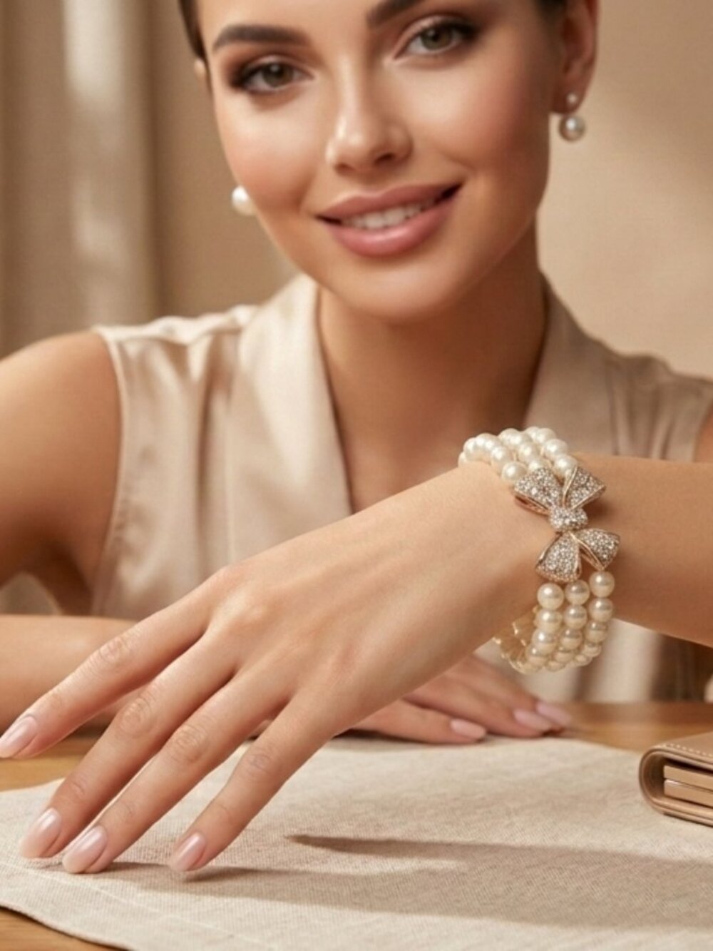 Three-Strand Pearl Bracelet with Crystal Bow Center - Picture 2 of 6